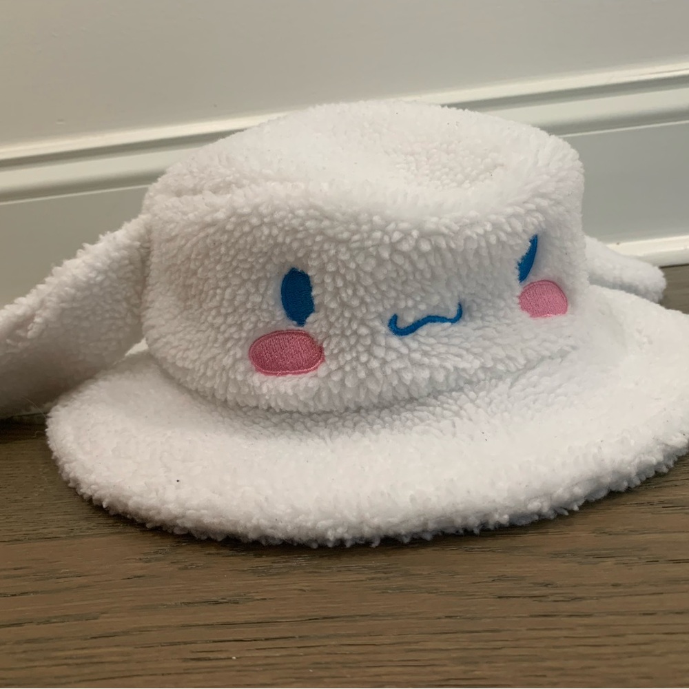 Sanrio White Plush Cinnamoroll Hat with Blue and Pink Accents